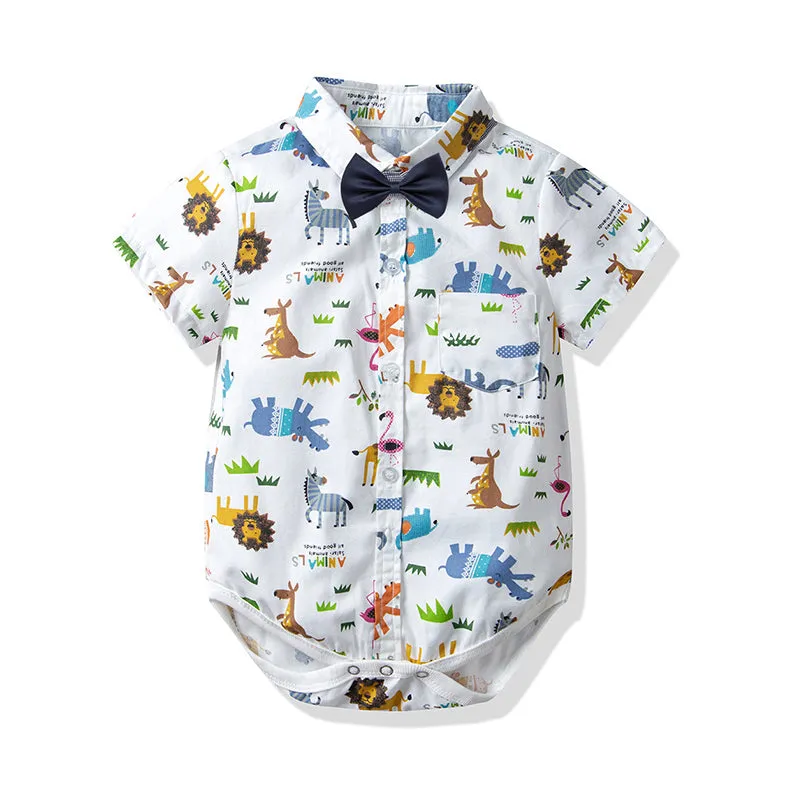 2 Pieces Set Baby Boys Birthday Party Animals Bow Print Rompers And Solid Color Jumpsuits Wholesale 211109204