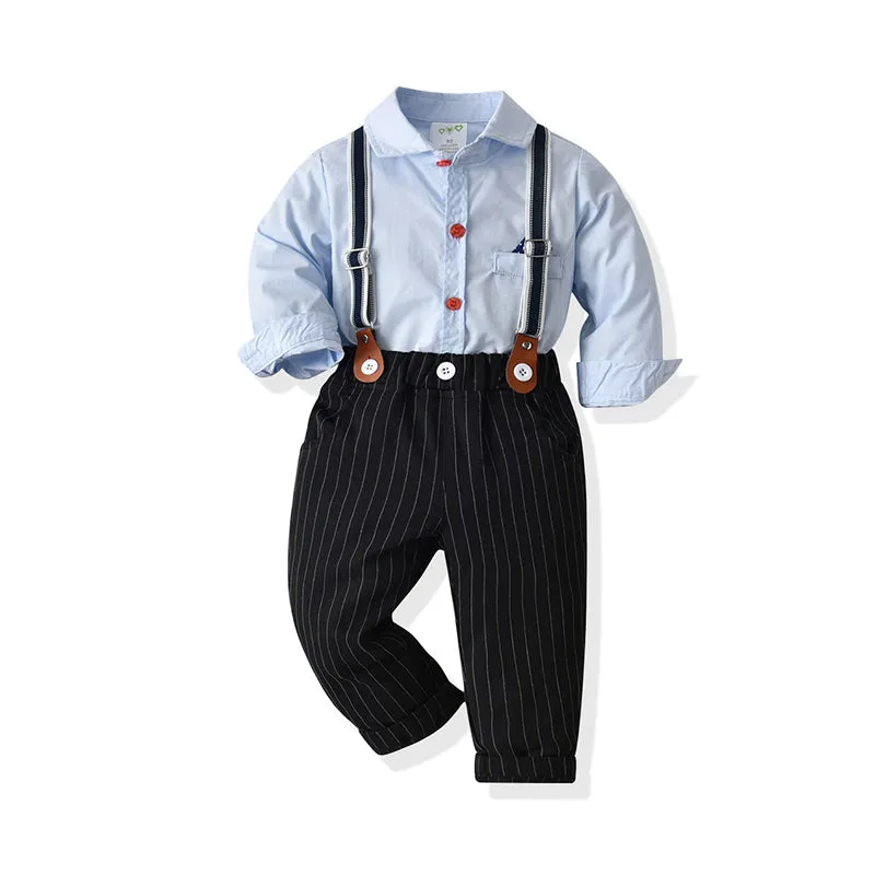 2 Pieces Set Baby Boys Birthday Party Solid Color Bow Shirts And Striped Jumpsuits Wholesale 21110935