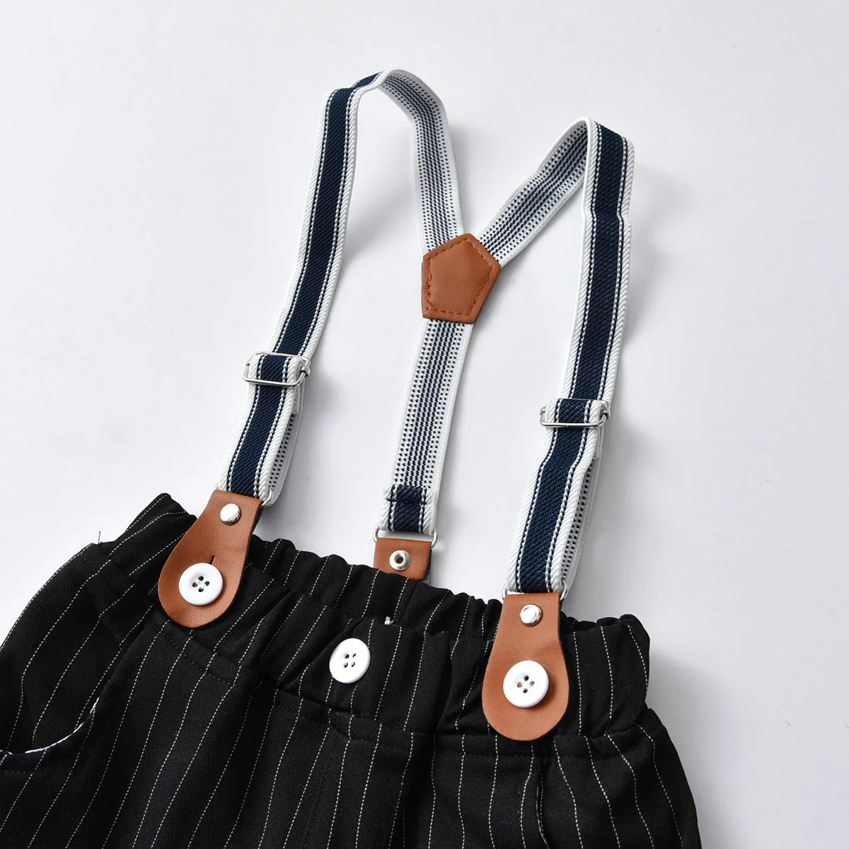 2 Pieces Set Baby Boys Birthday Party Solid Color Bow Shirts And Striped Jumpsuits Wholesale 21110935