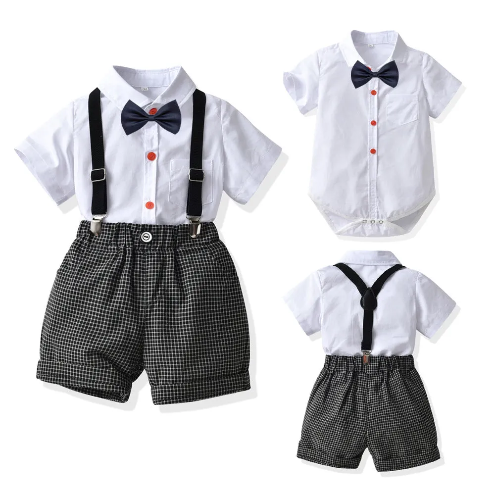 2 Pieces Set Baby Boys Birthday Party Solid Color Checked Bow Rompers Wholesale 220531152