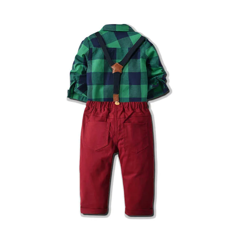 2 Pieces Set Baby Boys Dressy Birthday Party Checked Bow Shirts And Solid Color Jumpsuits Wholesale 211109523