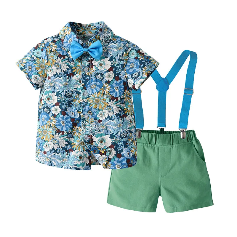 2 Pieces Set Baby Kid Boys Birthday Party Flower Bow Print Shirts And Solid Color Shorts Wholesale 22121482