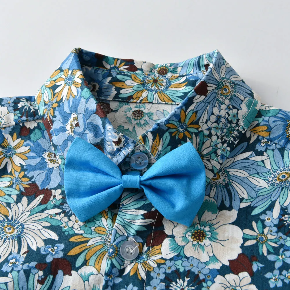 2 Pieces Set Baby Kid Boys Birthday Party Flower Bow Print Shirts And Solid Color Shorts Wholesale 22121482