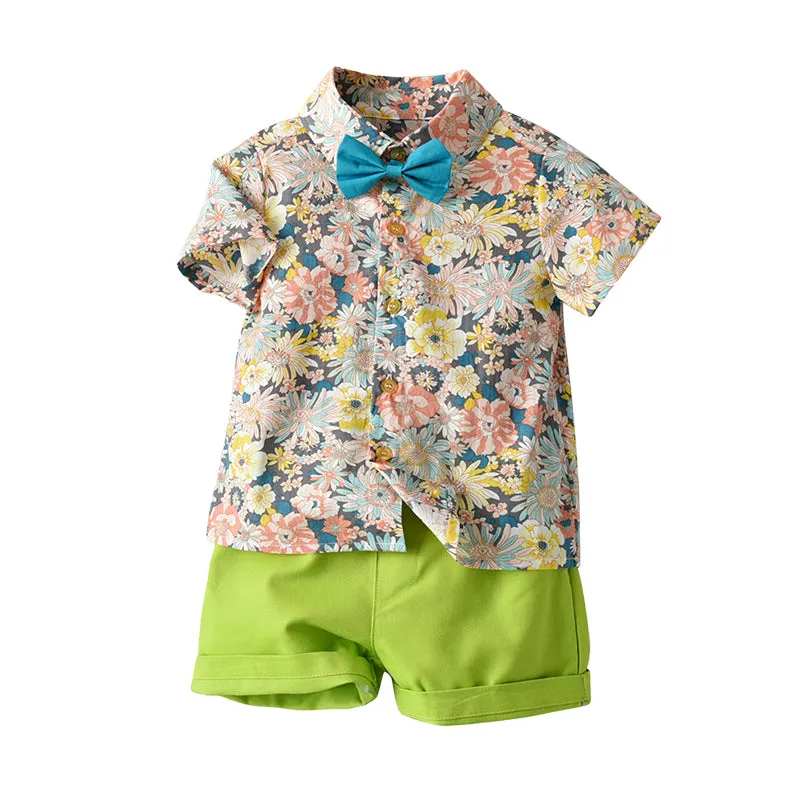 2 Pieces Set Baby Kid Boys Birthday Party Flower Bow Print Shirts And Solid Color Shorts Wholesale 22121482