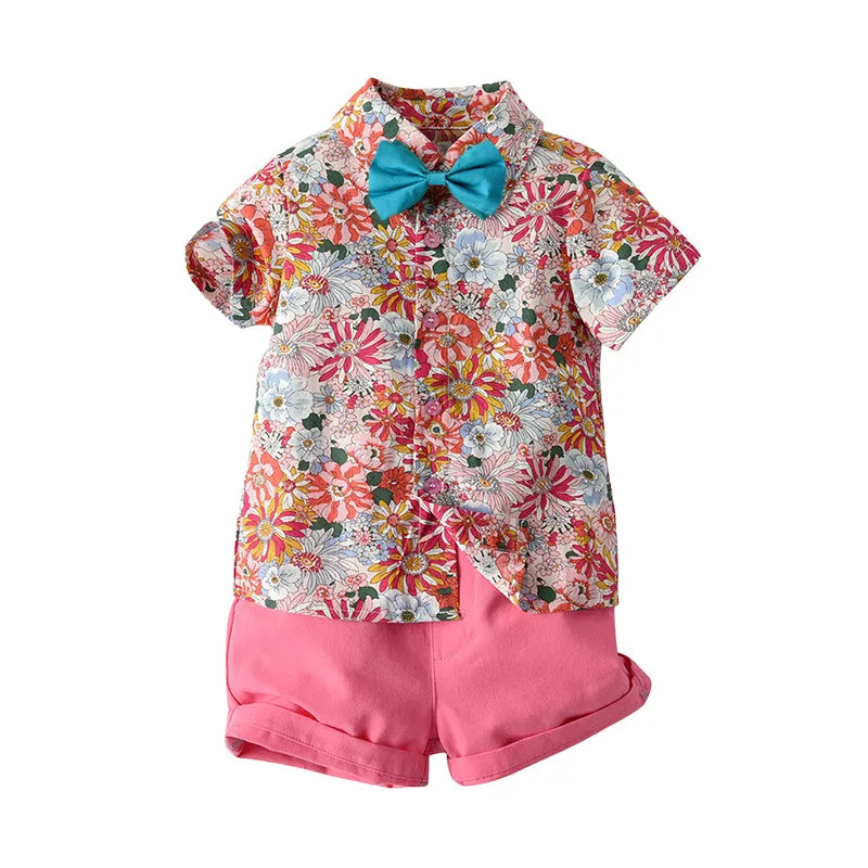 2 Pieces Set Baby Kid Boys Birthday Party Flower Bow Print Shirts And Solid Color Shorts Wholesale 22121482