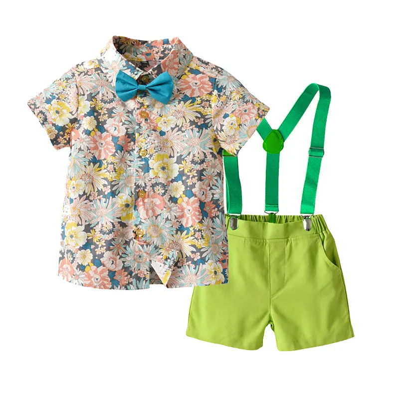 2 Pieces Set Baby Kid Boys Birthday Party Flower Bow Print Shirts And Solid Color Shorts Wholesale 22121482