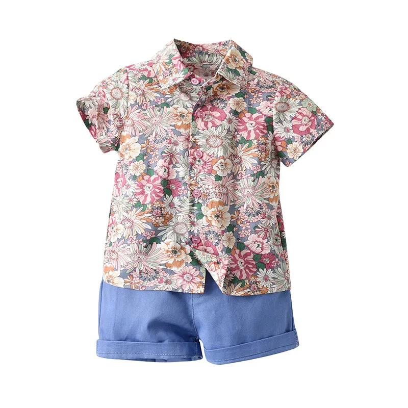 2 Pieces Set Baby Kid Boys Birthday Party Flower Bow Print Shirts And Solid Color Shorts Wholesale 22121482