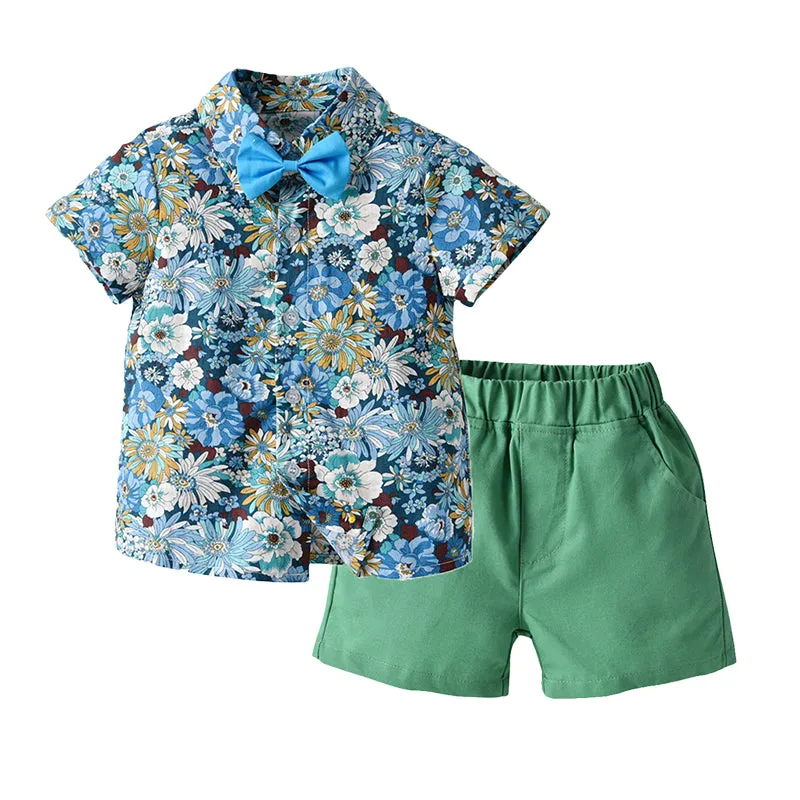 2 Pieces Set Baby Kid Boys Birthday Party Flower Bow Print Shirts And Solid Color Shorts Wholesale 22121482