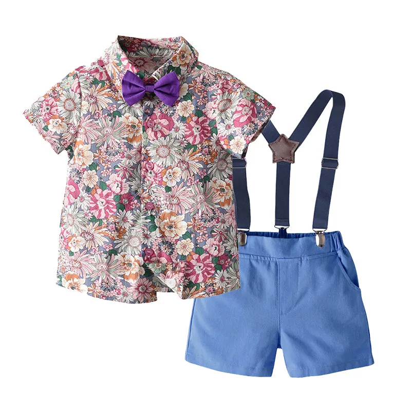 2 Pieces Set Baby Kid Boys Birthday Party Flower Bow Print Shirts And Solid Color Shorts Wholesale 22121482