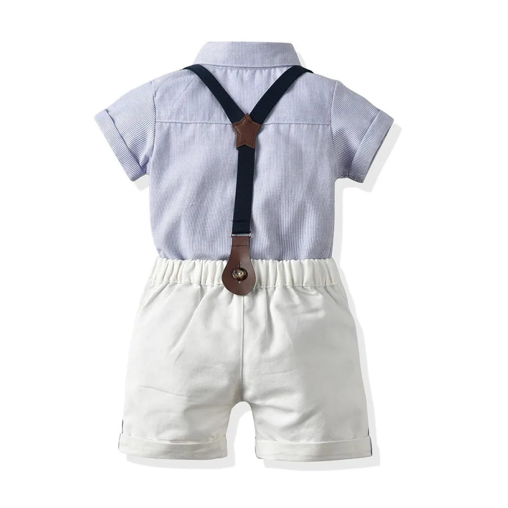 2 Pieces Set Baby Kid Boys Birthday Party Striped Bow Shirts And Color-blocking Rompers Wholesale 22040750