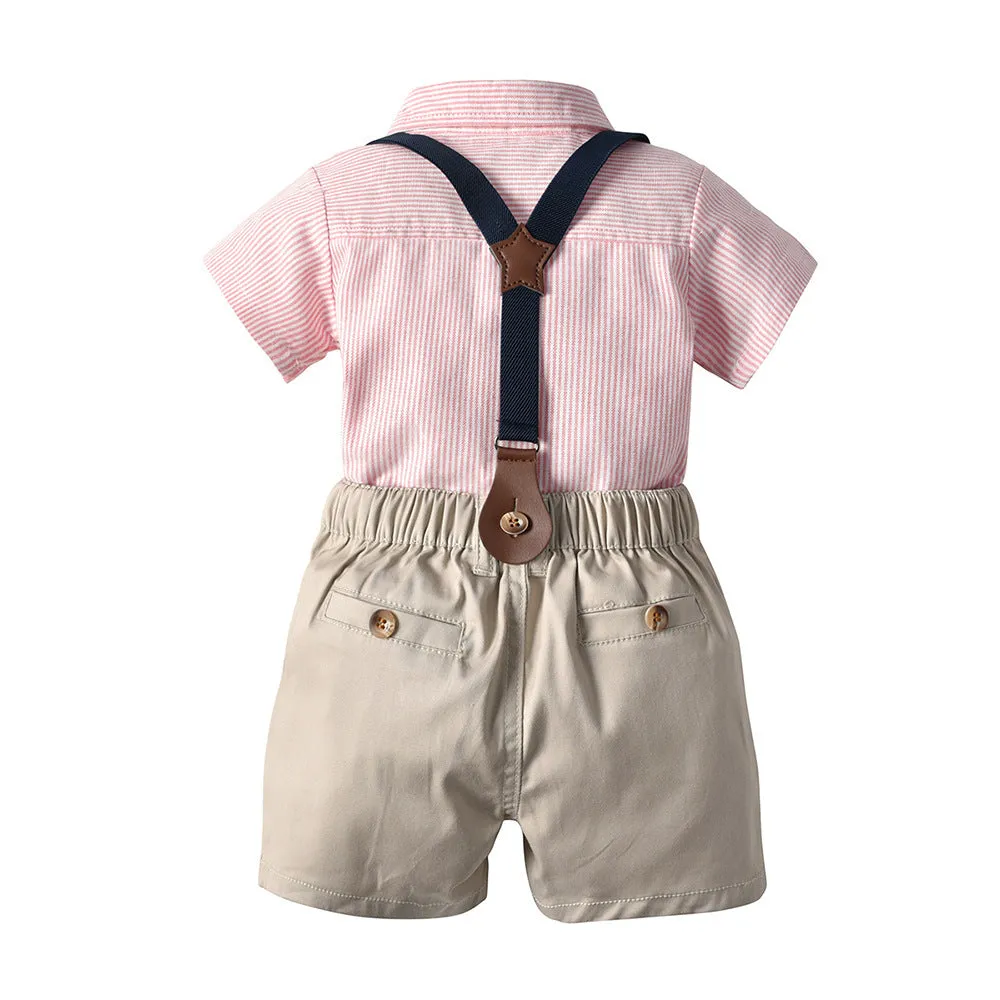 2 Pieces Set Baby Kid Boys Dressy Striped Bow Shirts And Solid Color Shorts Suits Wholesale 220526410