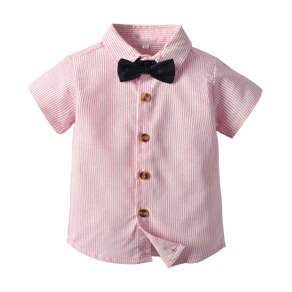 2 Pieces Set Baby Kid Boys Dressy Striped Bow Shirts And Solid Color Shorts Suits Wholesale 220526410