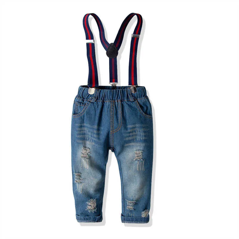 2 Pieces Set Baby Kid Boys Striped Bow Shirts And Ripped Jumpsuits Wholesale 211109495