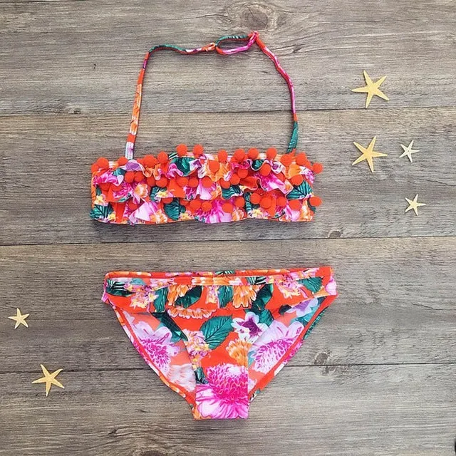 2019 Summer Girls Floral Print Bikni Children Halter Swimwear Toddler Patchwork Swimsuit Kids Baby Beachwear Bathing Suit Mayo