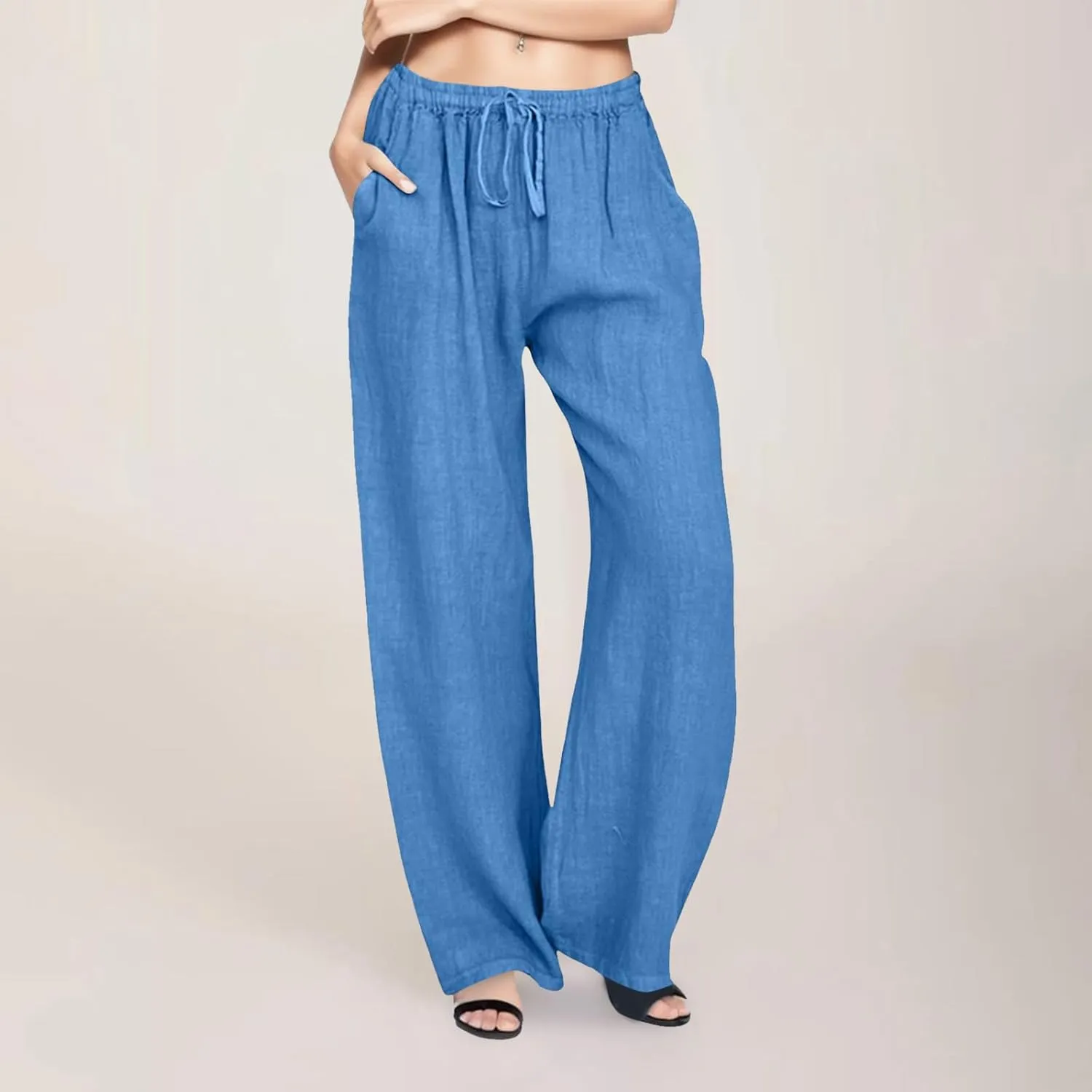 2025 Summer Linen Pants Women High Waisted Lightweight Casual Pants Solid Loose Straight Leg Trousers with Pockets