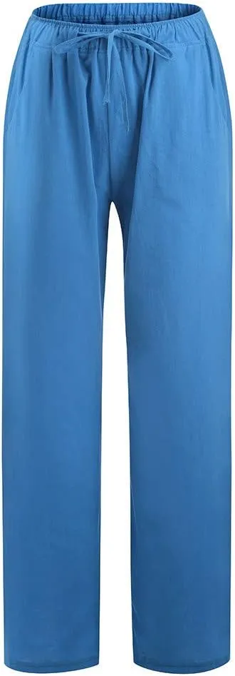 2025 Summer Linen Pants Women High Waisted Lightweight Casual Pants Solid Loose Straight Leg Trousers with Pockets