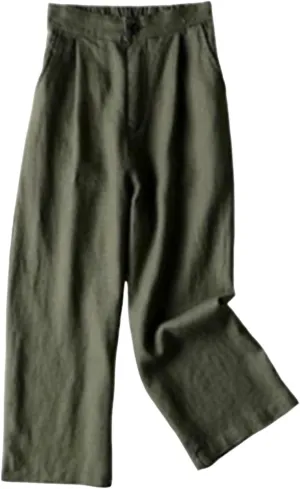 2025 Women Cotton Linen Trousers Elastic Forces Waisted Solid Color Trendy Casual Cropped Lounge Pants with Pockets