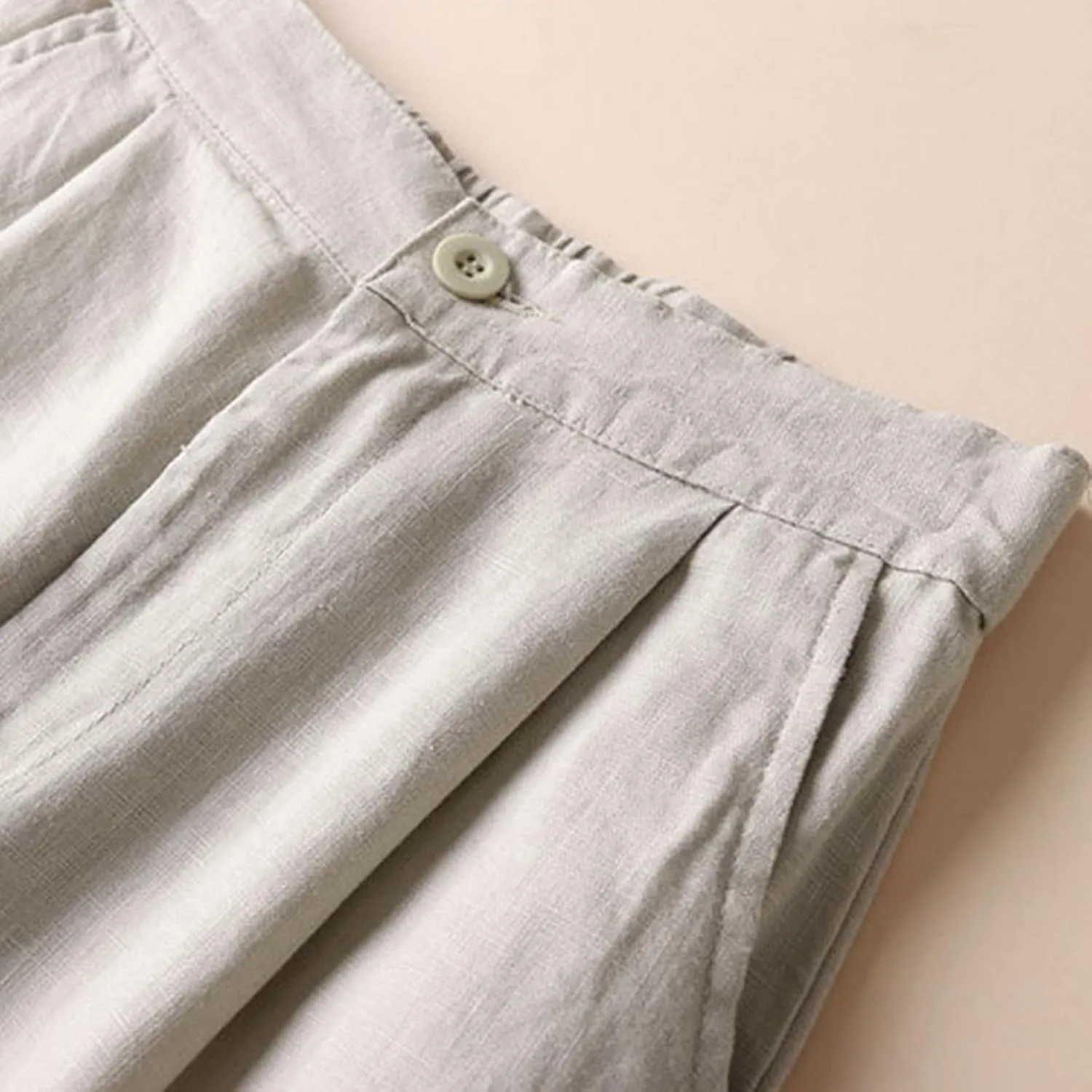 2025 Women Cotton Linen Trousers Elastic Forces Waisted Solid Color Trendy Casual Cropped Lounge Pants with Pockets
