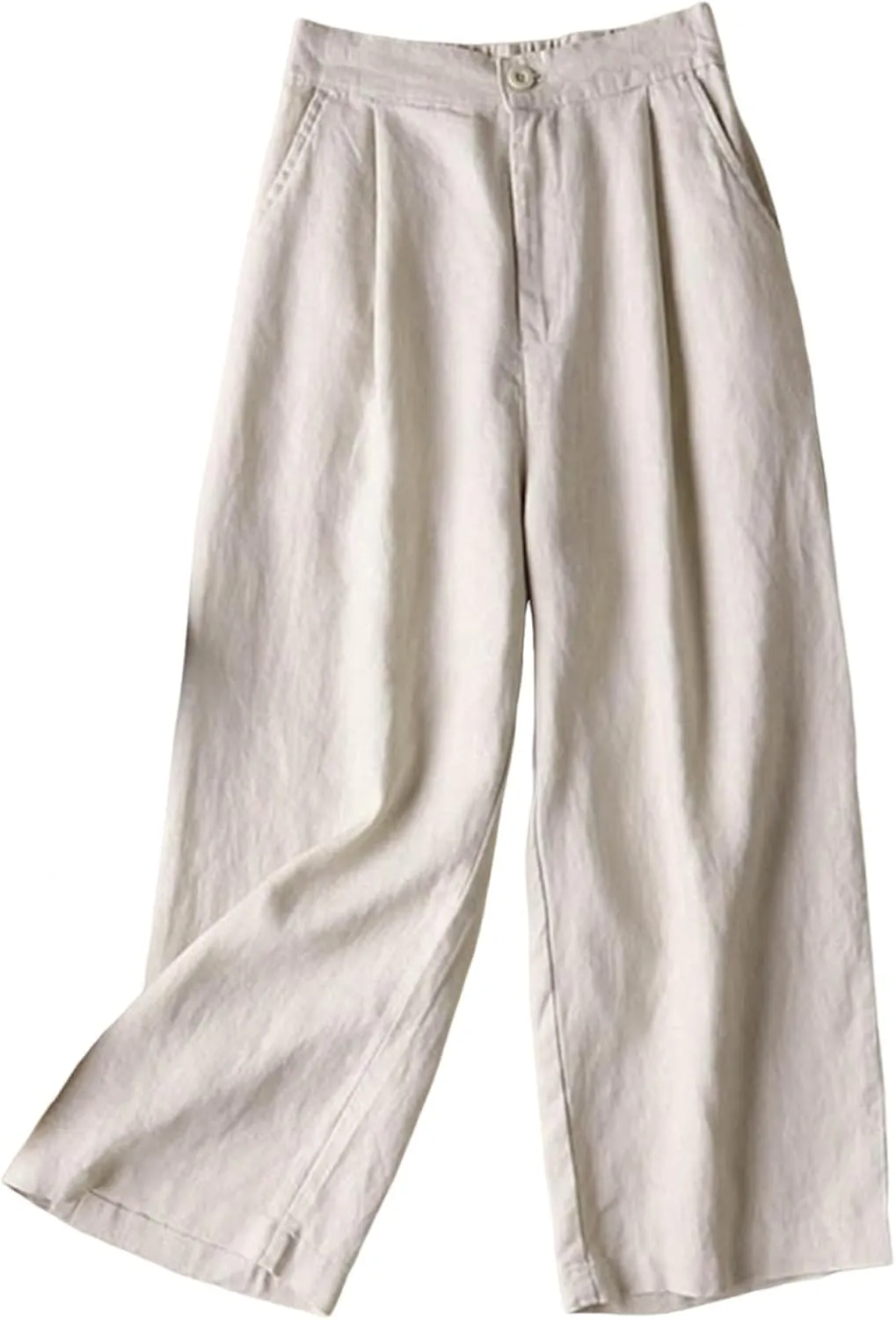 2025 Women Cotton Linen Trousers Elastic Forces Waisted Solid Color Trendy Casual Cropped Lounge Pants with Pockets