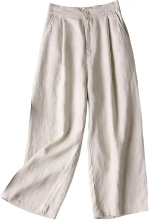 2025 Women Cotton Linen Trousers Elastic Forces Waisted Solid Color Trendy Casual Cropped Lounge Pants with Pockets