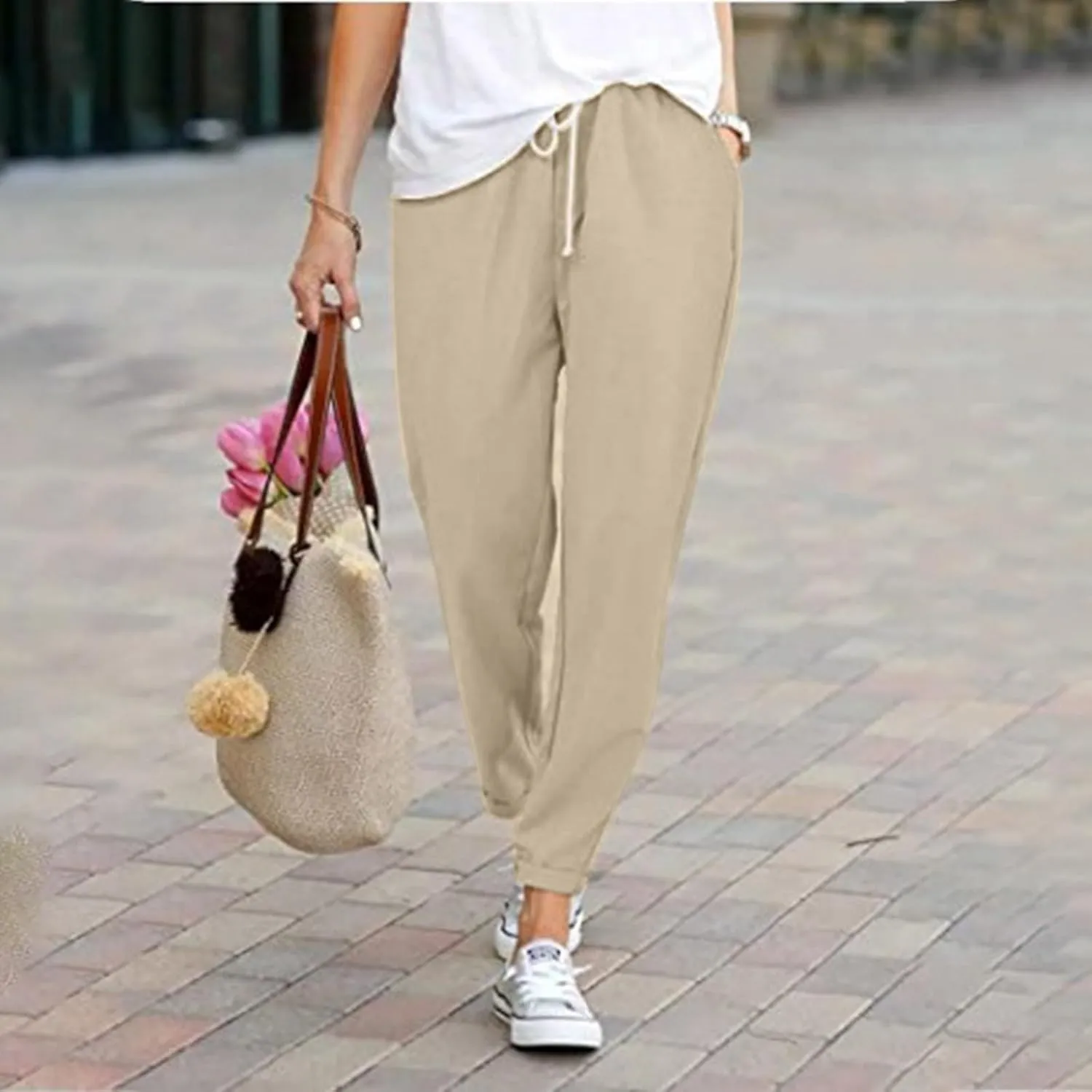 2025 Women's Elastic Waist Linen Trousers Vertisble Straight Trnedy Casual Solid Wide Leg Pants Cropped Long Pants