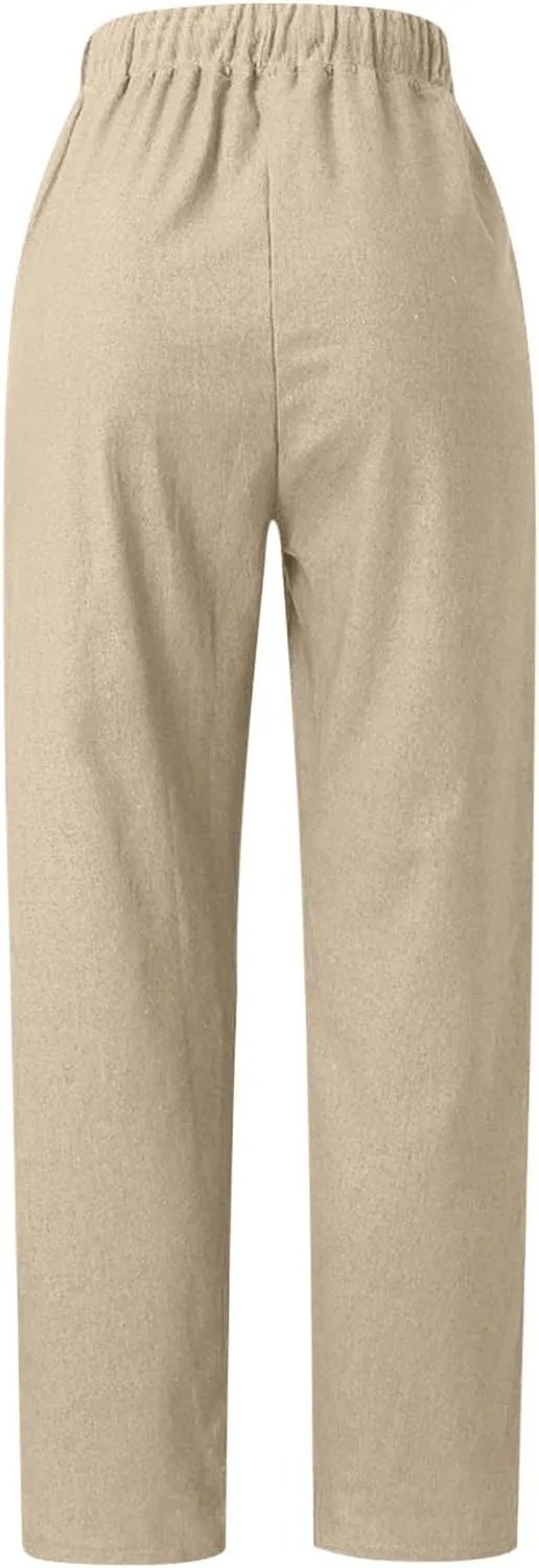 2025 Women's Elastic Waist Linen Trousers Vertisble Straight Trnedy Casual Solid Wide Leg Pants Cropped Long Pants
