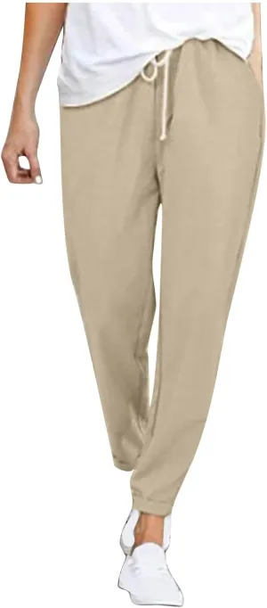 2025 Women's Elastic Waist Linen Trousers Vertisble Straight Trnedy Casual Solid Wide Leg Pants Cropped Long Pants