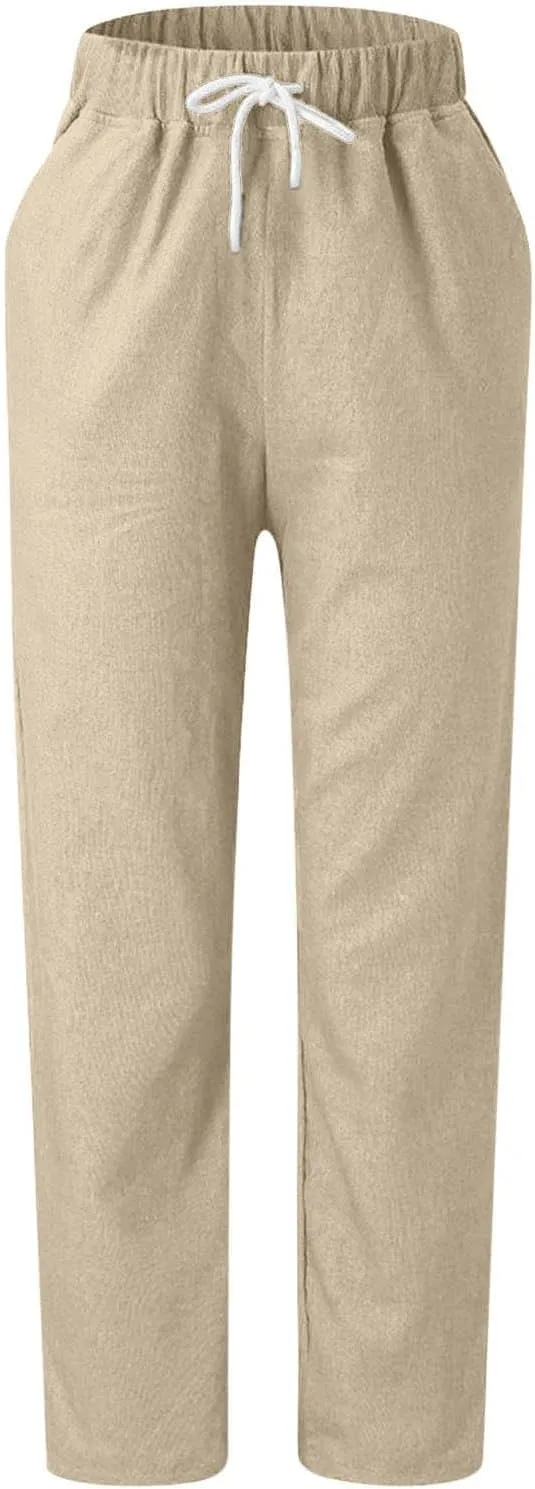 2025 Women's Elastic Waist Linen Trousers Vertisble Straight Trnedy Casual Solid Wide Leg Pants Cropped Long Pants