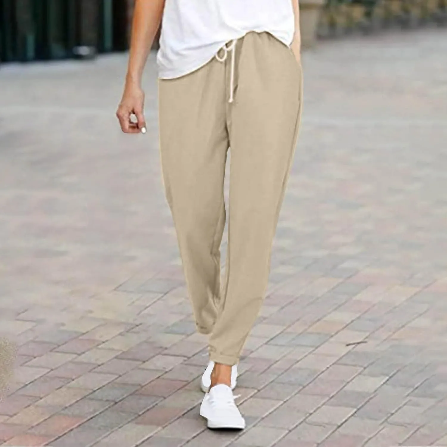 2025 Women's Elastic Waist Linen Trousers Vertisble Straight Trnedy Casual Solid Wide Leg Pants Cropped Long Pants