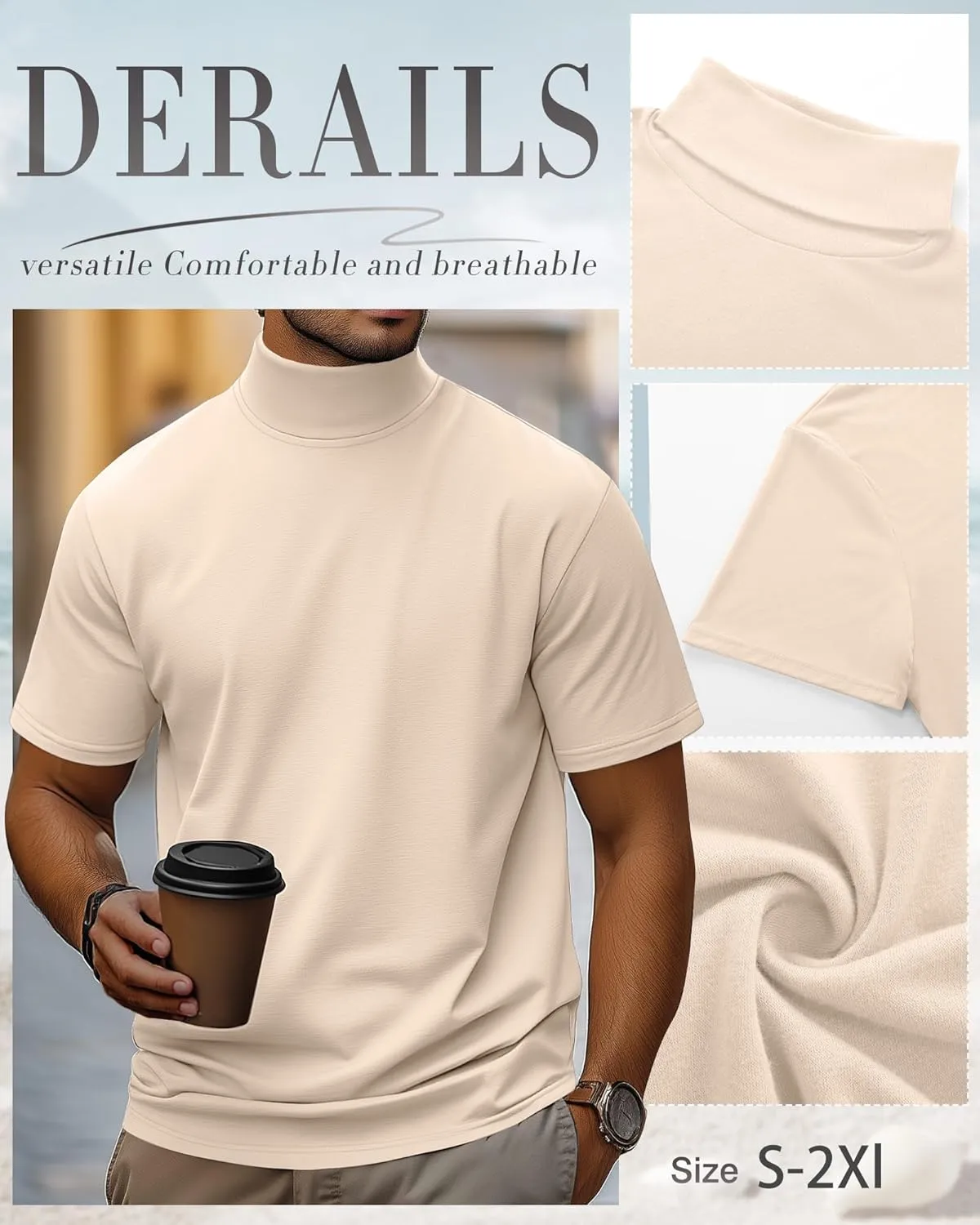 3 Pack Men's Turtleneck T Shirts, Cotton Short Sleeve Mock Neck Undershirt Summer Casual Basic Pullover Tops