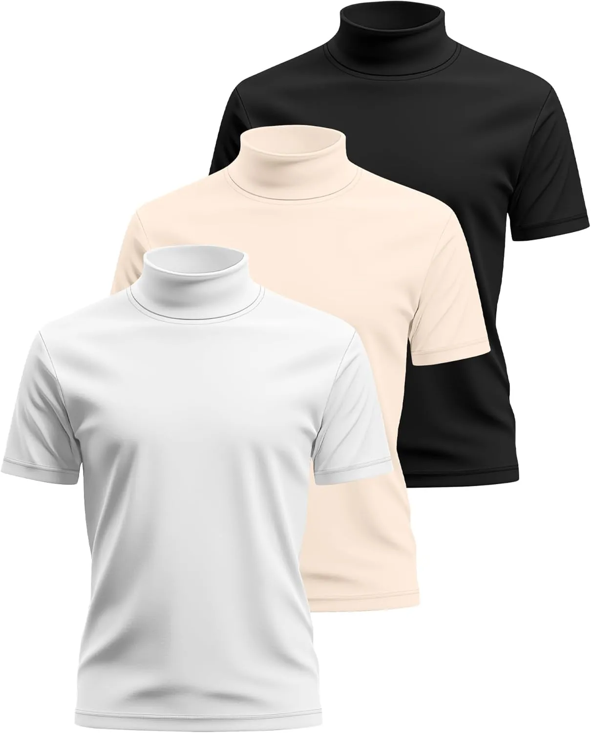 3 Pack Men's Turtleneck T Shirts, Cotton Short Sleeve Mock Neck Undershirt Summer Casual Basic Pullover Tops