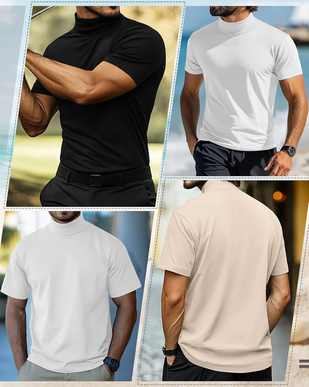 3 Pack Men's Turtleneck T Shirts, Cotton Short Sleeve Mock Neck Undershirt Summer Casual Basic Pullover Tops