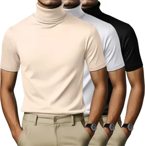 3 Pack Men's Turtleneck T Shirts, Cotton Short Sleeve Mock Neck Undershirt Summer Casual Basic Pullover Tops