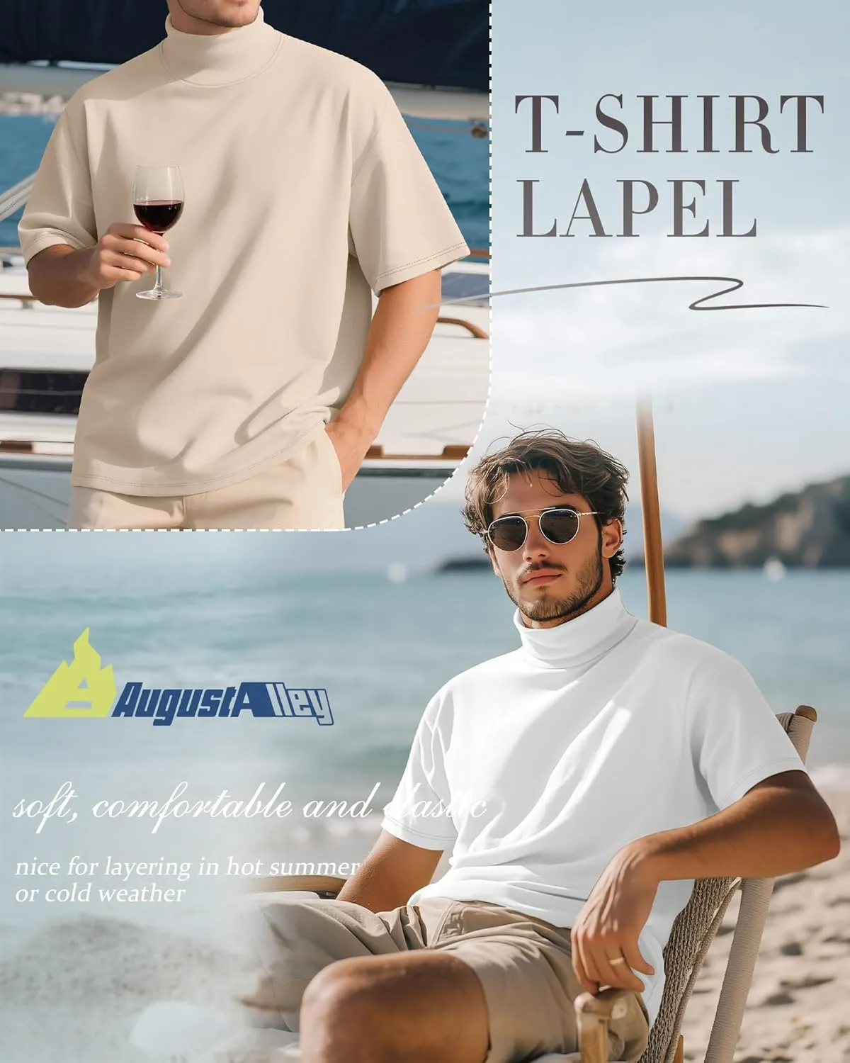3 Pack Men's Turtleneck T Shirts, Cotton Short Sleeve Mock Neck Undershirt Summer Casual Basic Pullover Tops