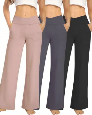 3 Pack Wide Leg Pants Woman Yoga Pants with Pockets Crossover Stretch Loose Casual Lounge Sweatpants