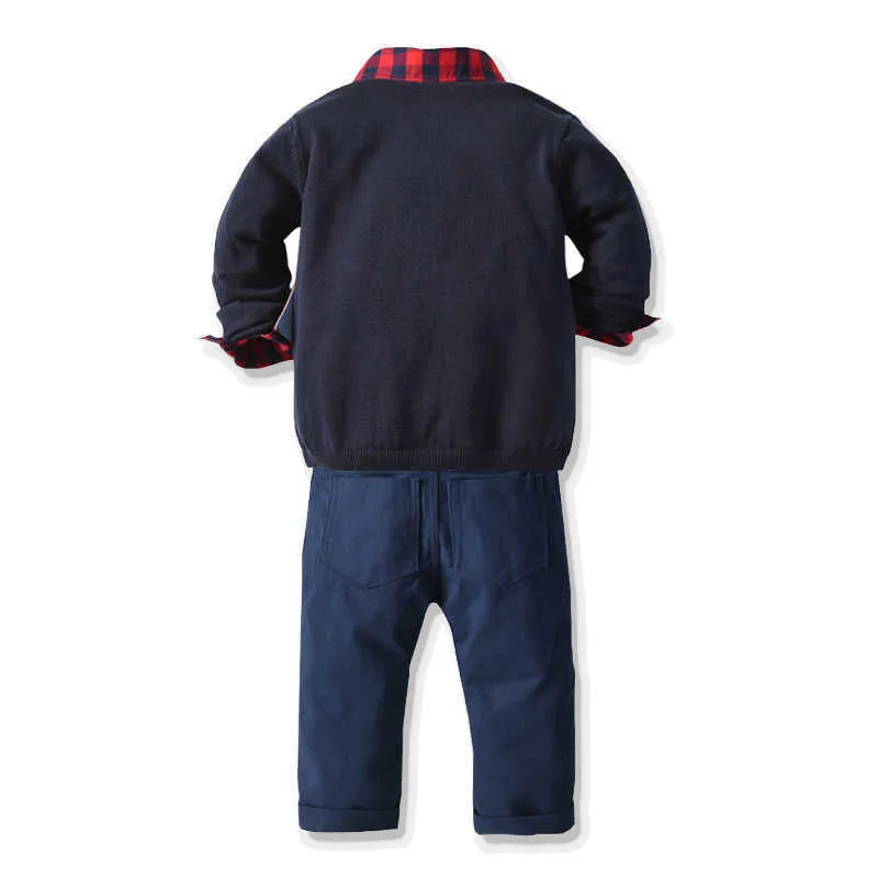 3 Pieces Set Baby Kid Boys Dressy Birthday Party Checked Bow Shirts And Solid Color Cardigan And Pants Wholesale 211109517