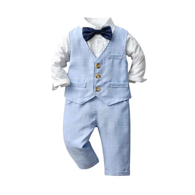 3 Pieces Set Baby Kid Boys Dressy Solid Color Bow Shirts Checked Vests Waistcoats And Trousers Suits Wholesale 221206211
