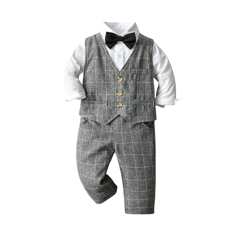 3 Pieces Set Baby Kid Boys Dressy Solid Color Bow Shirts Checked Vests Waistcoats And Trousers Suits Wholesale 221206211