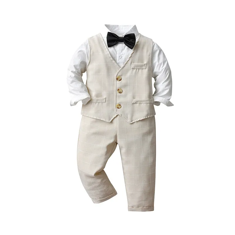 3 Pieces Set Baby Kid Boys Dressy Solid Color Bow Shirts Checked Vests Waistcoats And Trousers Suits Wholesale 221206211