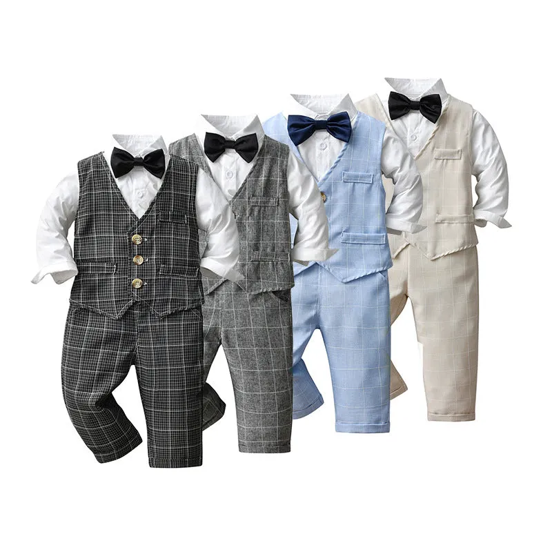3 Pieces Set Baby Kid Boys Dressy Solid Color Bow Shirts Checked Vests Waistcoats And Trousers Suits Wholesale 221206211