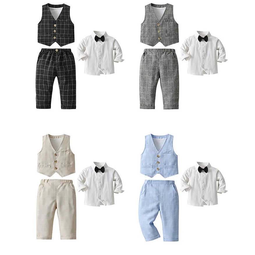 3 Pieces Set Baby Kid Boys Dressy Solid Color Bow Shirts Checked Vests Waistcoats And Trousers Suits Wholesale 221206211