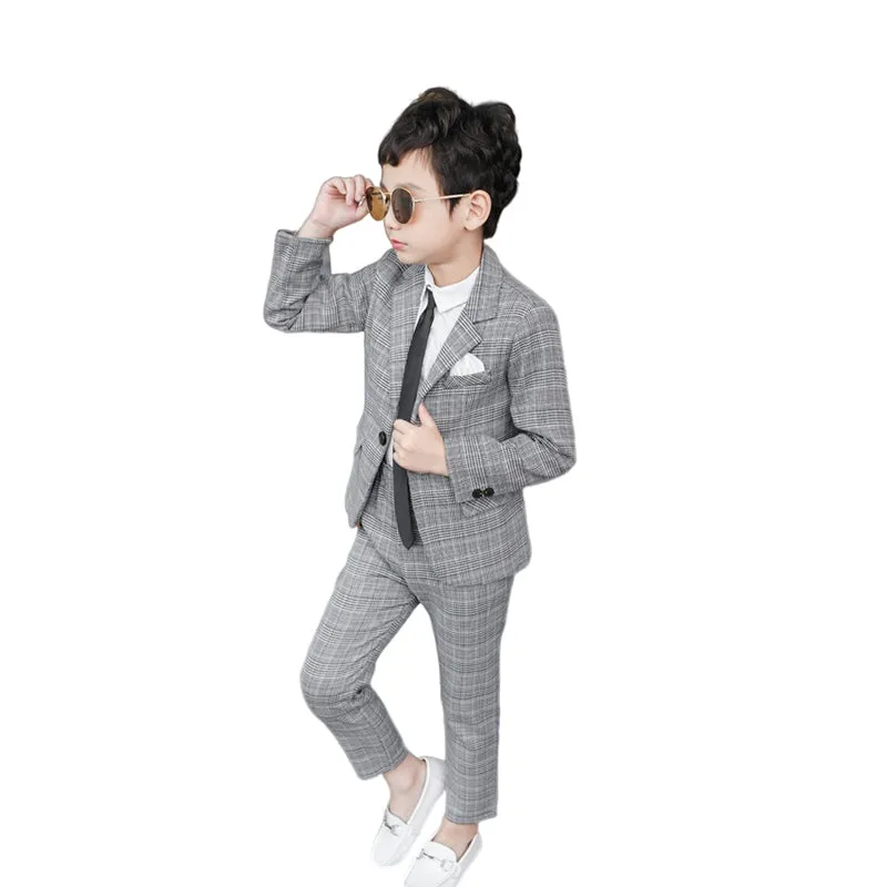 4 Pieces Set Baby Kid Boys Dressy Birthday Party Solid Color Shirts And Checked Jackets Outwears And Pants And Bow Others accessories Wholesale 22061316