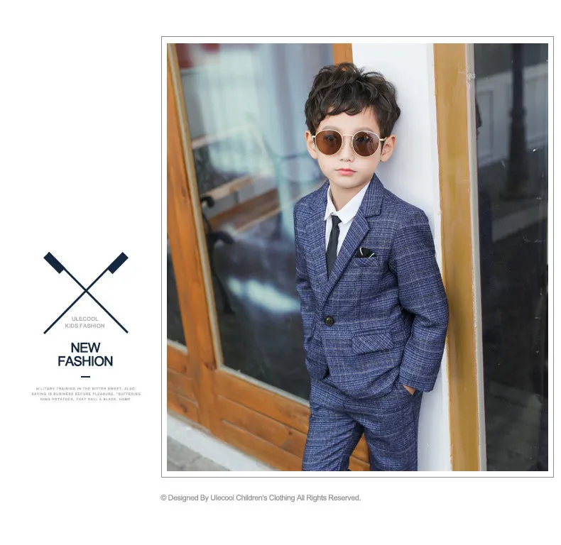 4 Pieces Set Baby Kid Boys Dressy Birthday Party Solid Color Shirts And Checked Jackets Outwears And Pants And Bow Others accessories Wholesale 22061316