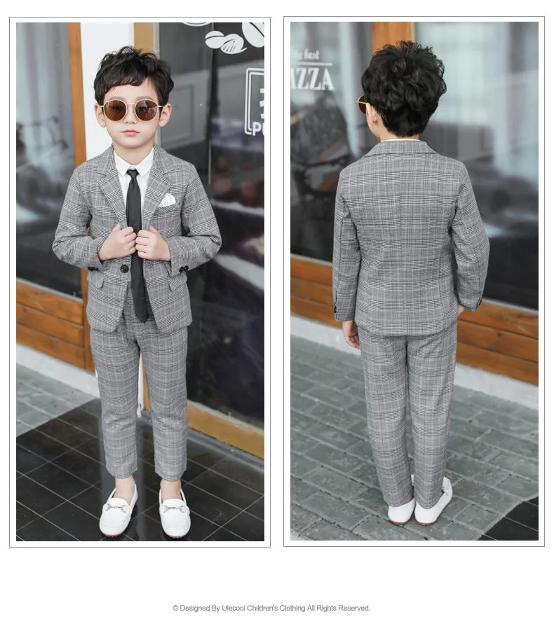 4 Pieces Set Baby Kid Boys Dressy Birthday Party Solid Color Shirts And Checked Jackets Outwears And Pants And Bow Others accessories Wholesale 22061316