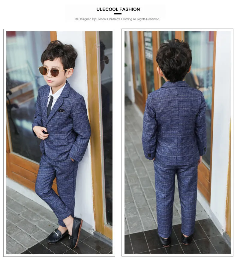 4 Pieces Set Baby Kid Boys Dressy Birthday Party Solid Color Shirts And Checked Jackets Outwears And Pants And Bow Others accessories Wholesale 22061316