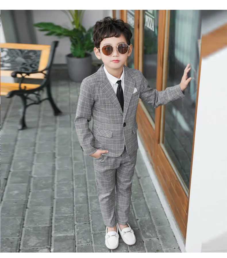 4 Pieces Set Baby Kid Boys Dressy Birthday Party Solid Color Shirts And Checked Jackets Outwears And Pants And Bow Others accessories Wholesale 22061316