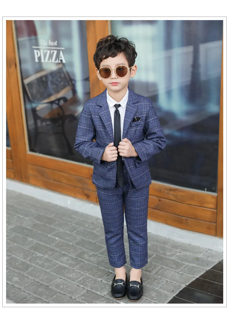 4 Pieces Set Baby Kid Boys Dressy Birthday Party Solid Color Shirts And Checked Jackets Outwears And Pants And Bow Others accessories Wholesale 22061316