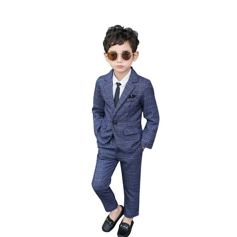 4 Pieces Set Baby Kid Boys Dressy Birthday Party Solid Color Shirts And Checked Jackets Outwears And Pants And Bow Others accessories Wholesale 22061316