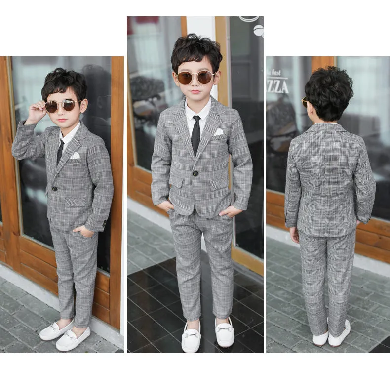 4 Pieces Set Baby Kid Boys Dressy Birthday Party Solid Color Shirts And Checked Jackets Outwears And Pants And Bow Others accessories Wholesale 22061316