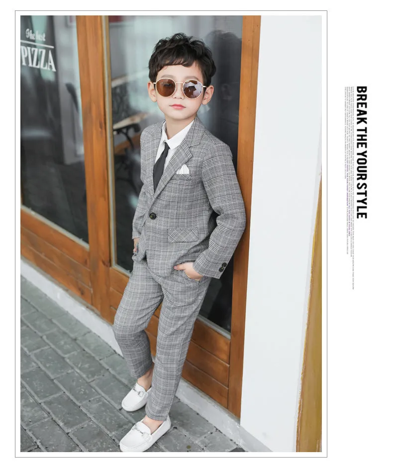 4 Pieces Set Baby Kid Boys Dressy Birthday Party Solid Color Shirts And Checked Jackets Outwears And Pants And Bow Others accessories Wholesale 22061316